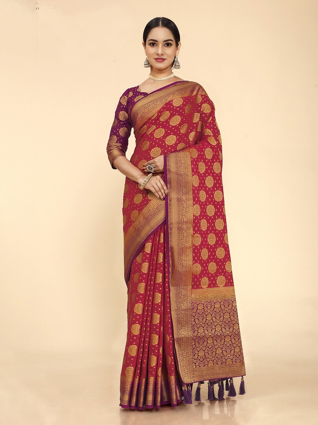 

DIVASTRI Floral Woven Design Zari Pure Georgette Banarasi Saree, Pink