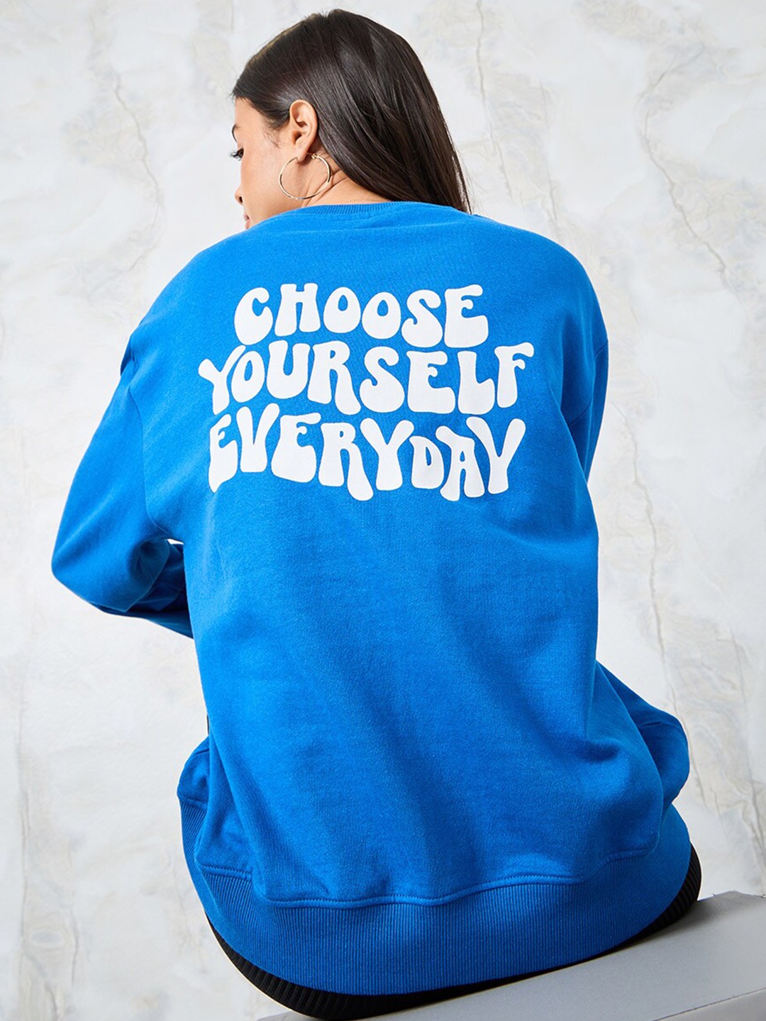 

Styli Blue Typography Printed Round Neck Cotton Pullover Sweatshirt