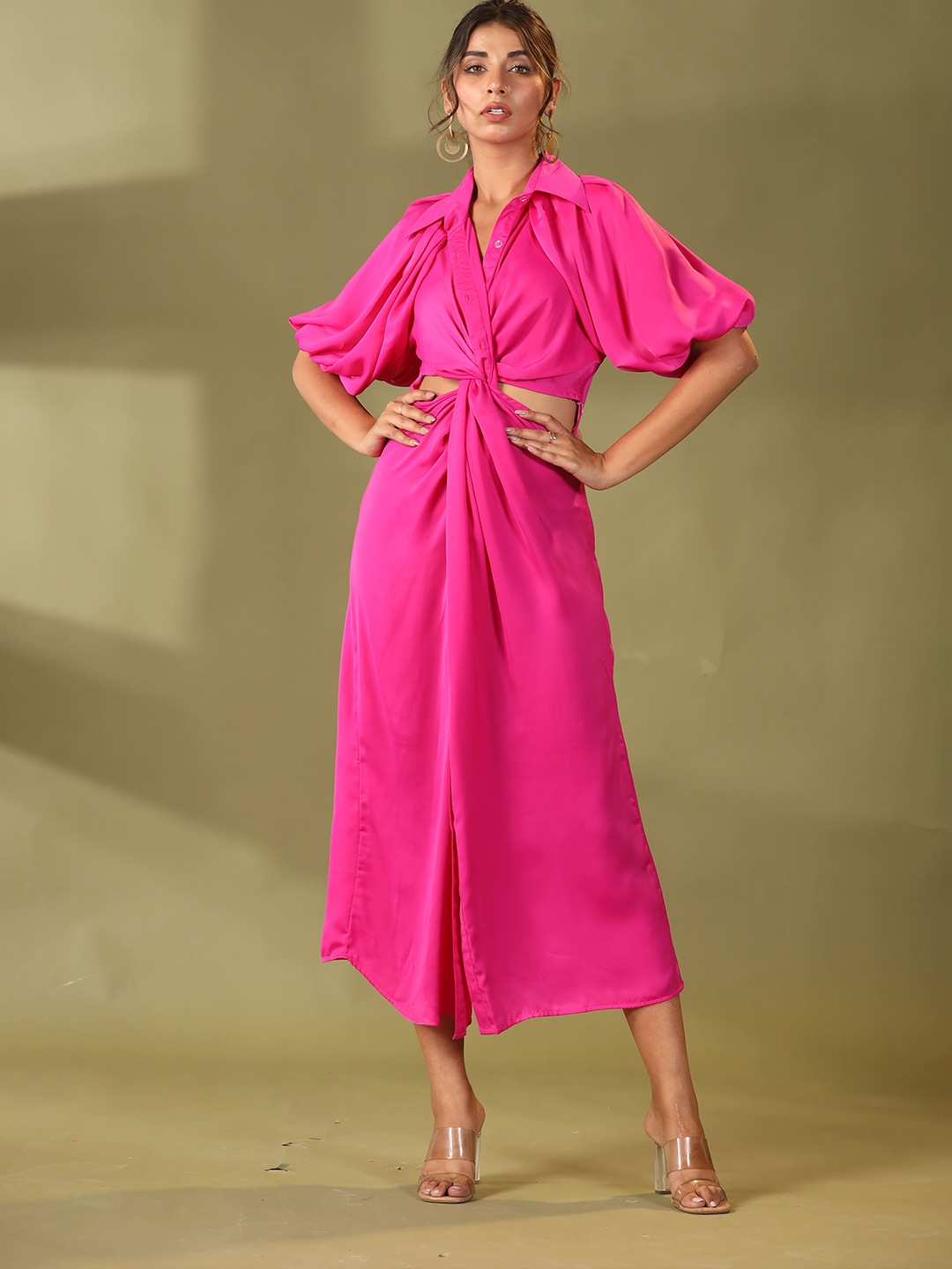 

ETC Pink Puff Sleeves Shirt Style Midi Dress