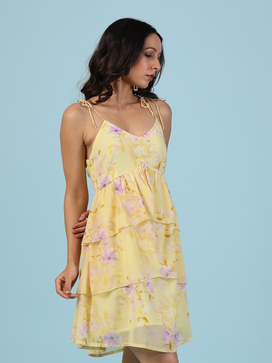 

ETC Floral Printed Shoulder Strap Layered A-Line Dress, Yellow