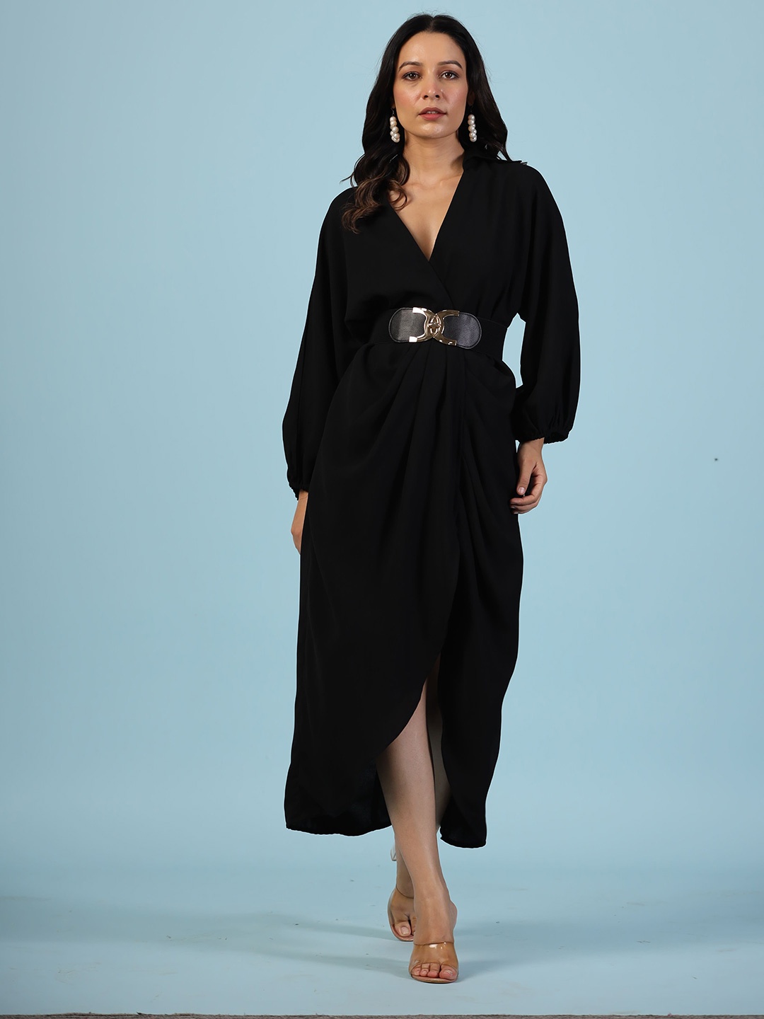 

ETC Black Mandarin Collar Puff Sleeves A-Line Maxi Dress