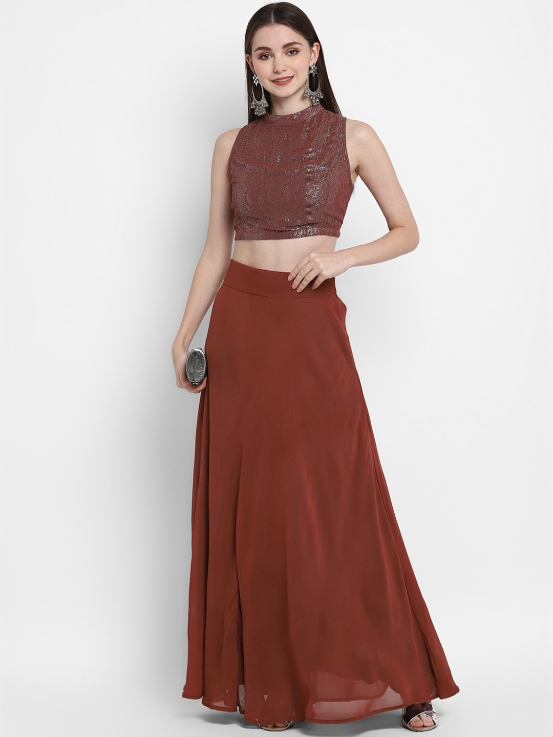 

indy Raaga Georgette Lurex High Neck Blouse, Brown