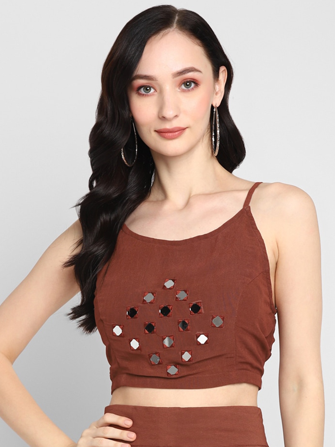 

indy Raaga Mirror Work Round Neck Saree Blouse, Brown
