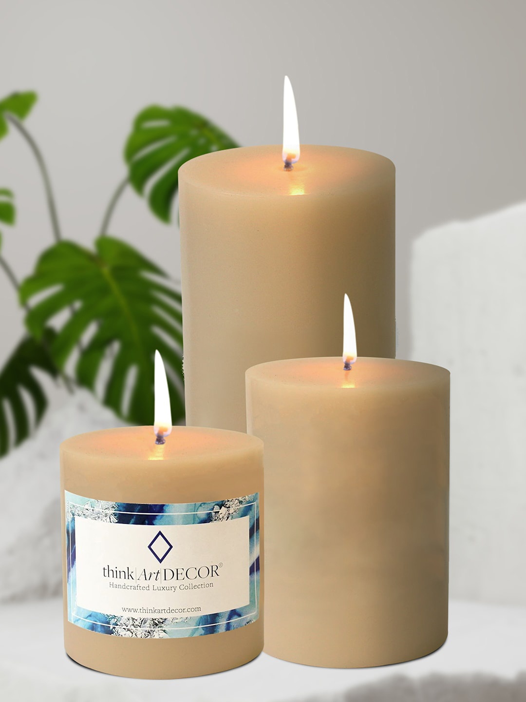 ThinkArtDecor Beige 3 Pieces Unscented Smokeless & Dripless Pillar Candles