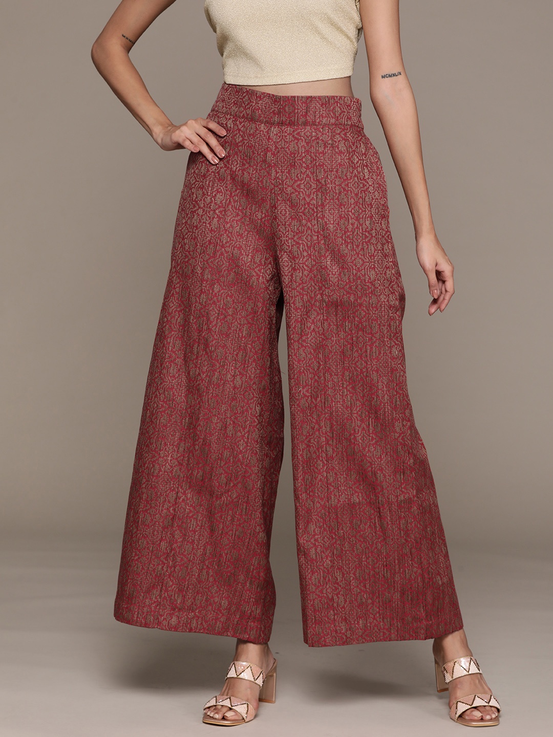 

Ritu Kumar Women Ethnic Motifs Printed Knitted Palazzos, Maroon