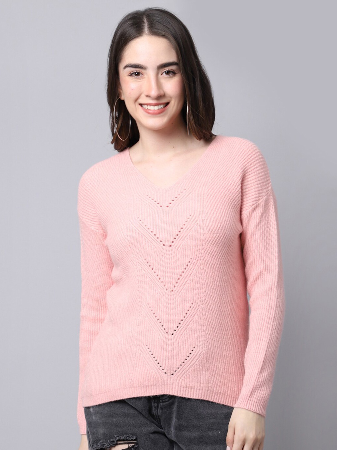 

TAG 7 Open Knit V-Neck Long Sleeves Knitted Pullover Sweater, Pink