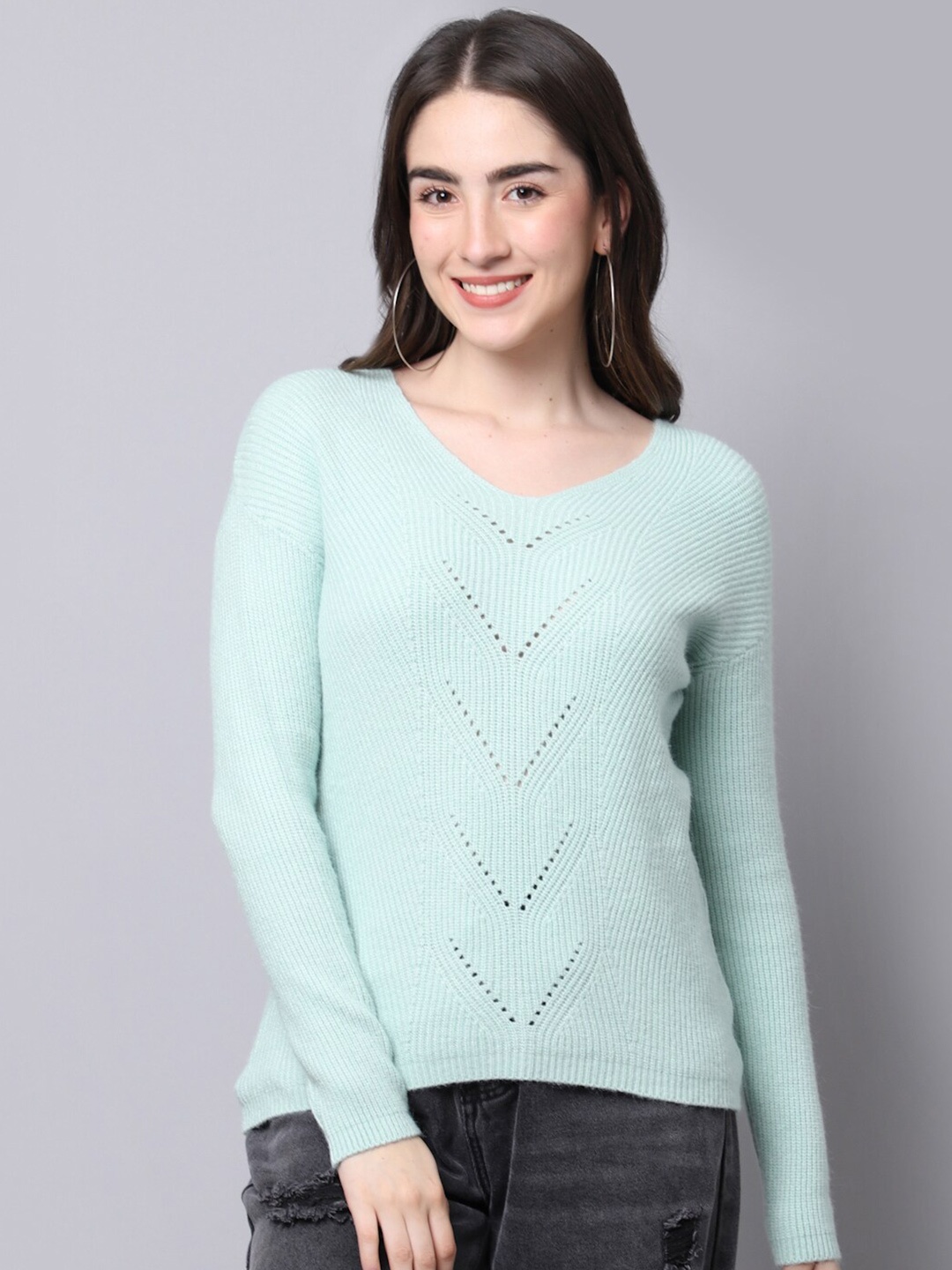 

TAG 7 Open Knit V-Neck Long Sleeves Knitted Pullover Sweater, Green