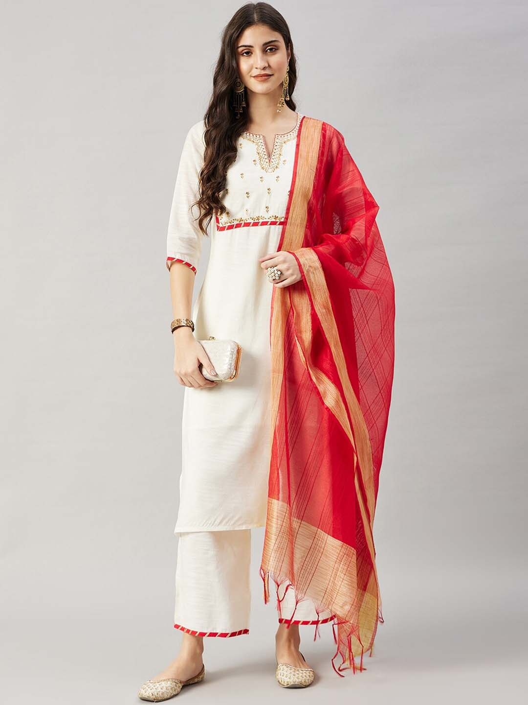 

WineRed Yoke Design Gotta Patti Pure Cotton Kurta With Trousers & Dupatta, Off white