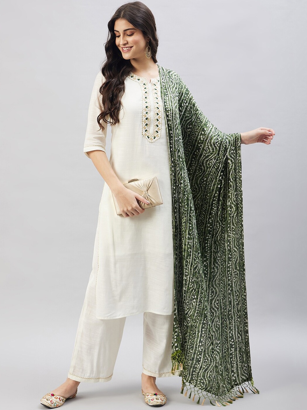 

WineRed Yoke Design Regular Pure Cotton Kurta With Trousers & Dupatta, Off white