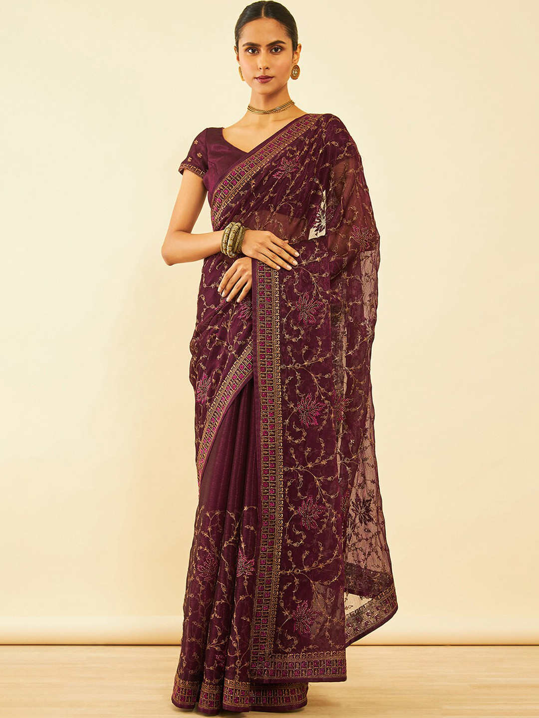 

Soch Floral Embroidered Zari Saree, Maroon