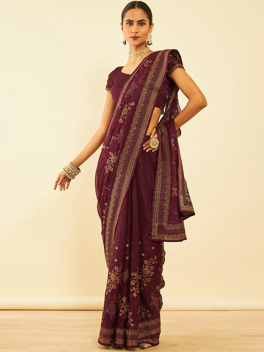 

Soch Floral Embroidered Zari Pure Chiffon Saree, Burgundy