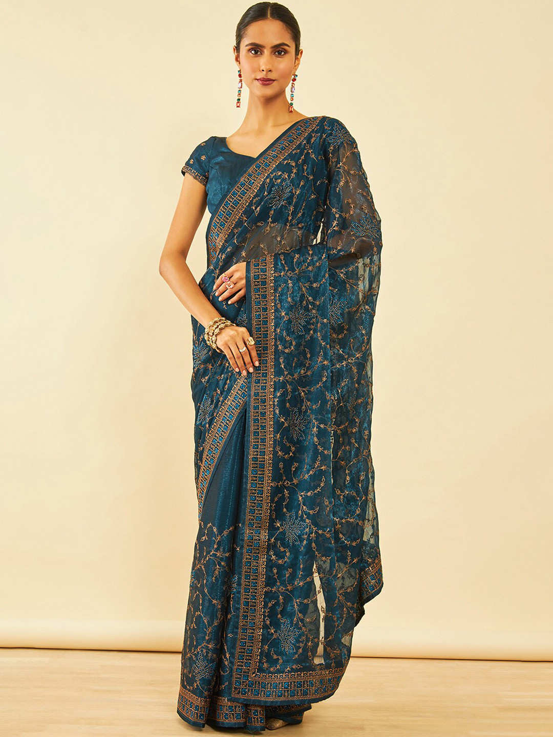 

Soch Floral Embroidered Zari Saree, Blue