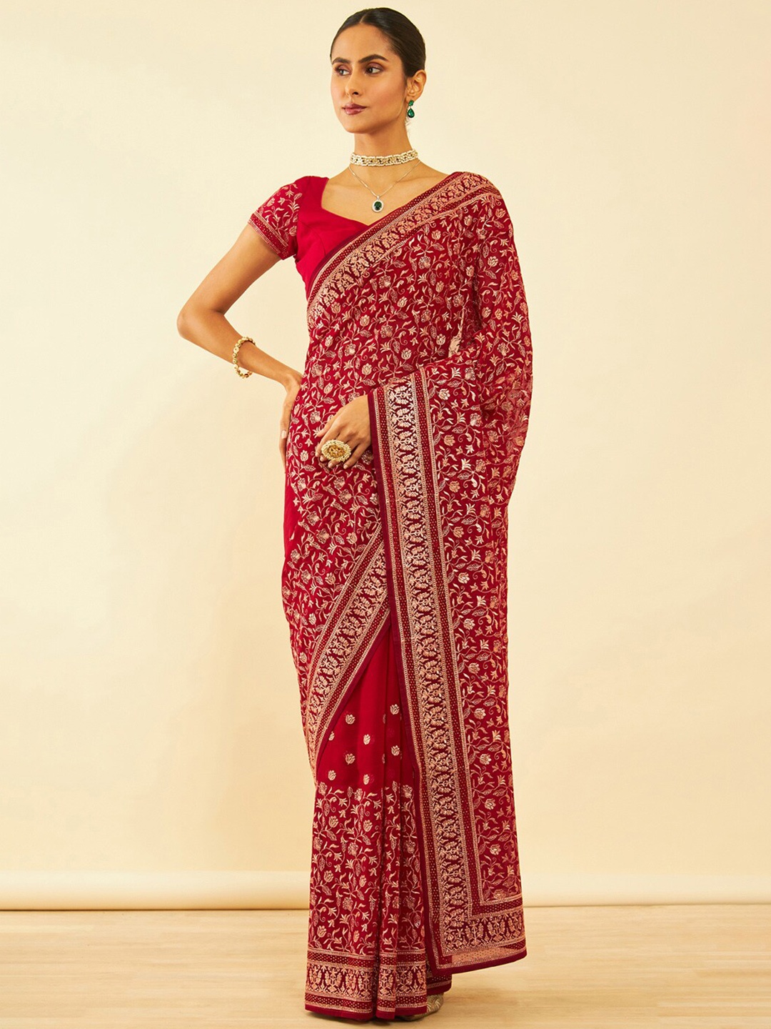 

Soch Floral Embroidered Zari Pure Chiffon Saree, Maroon