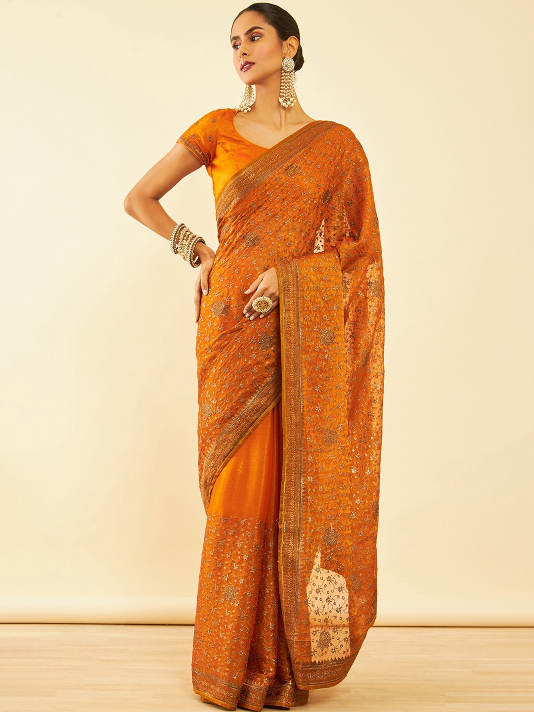 

Soch Floral Embroidered Zari Pure Chiffon Saree, Mustard