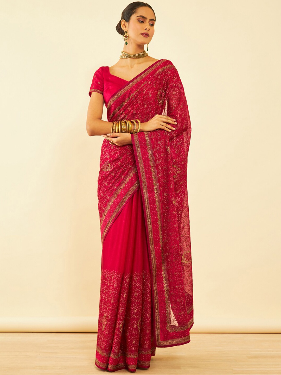 

Soch Floral Embroidered Zari Pure Chiffon Saree, Pink
