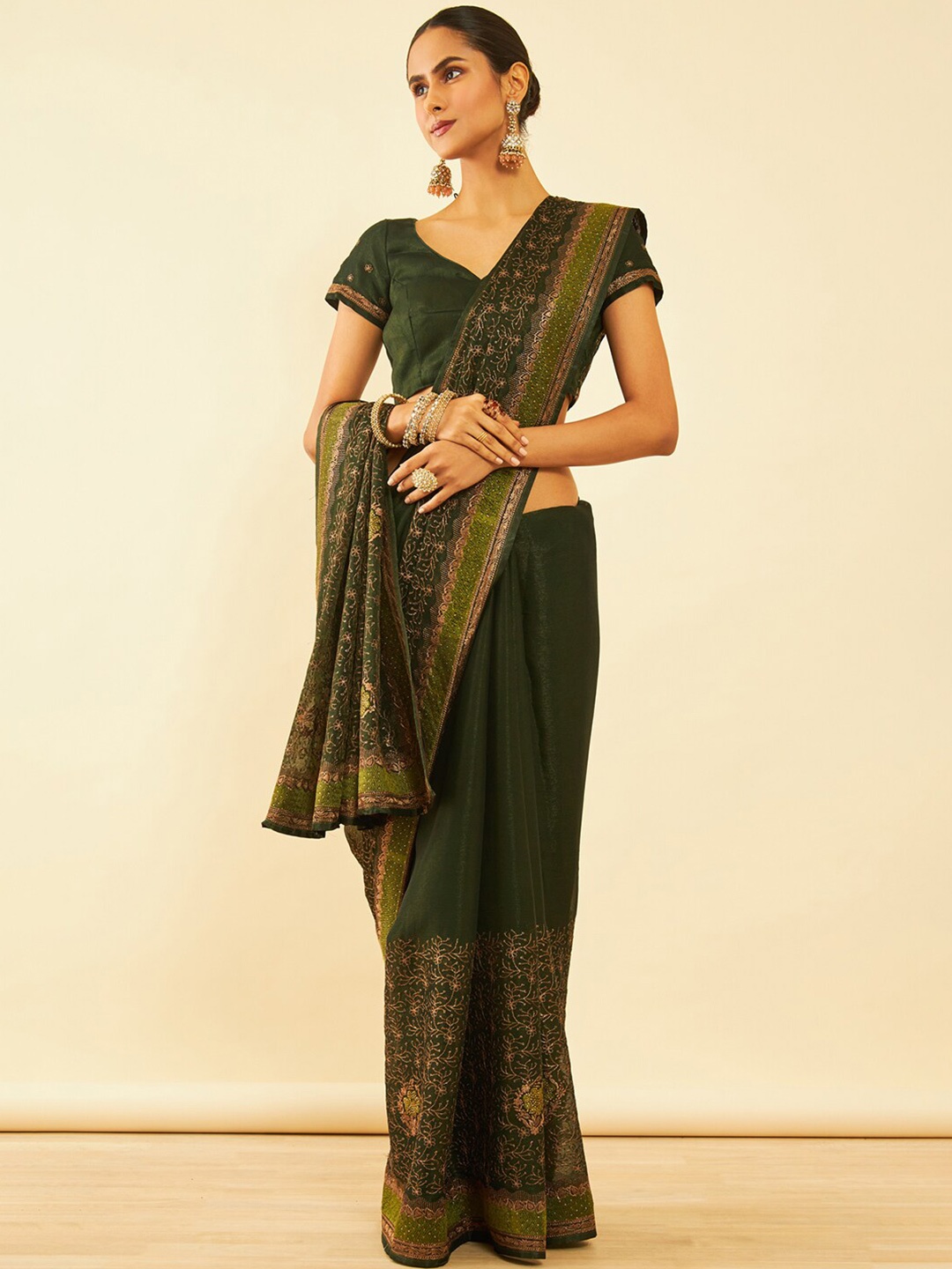 

Soch Floral Embroidered Zari Saree, Olive