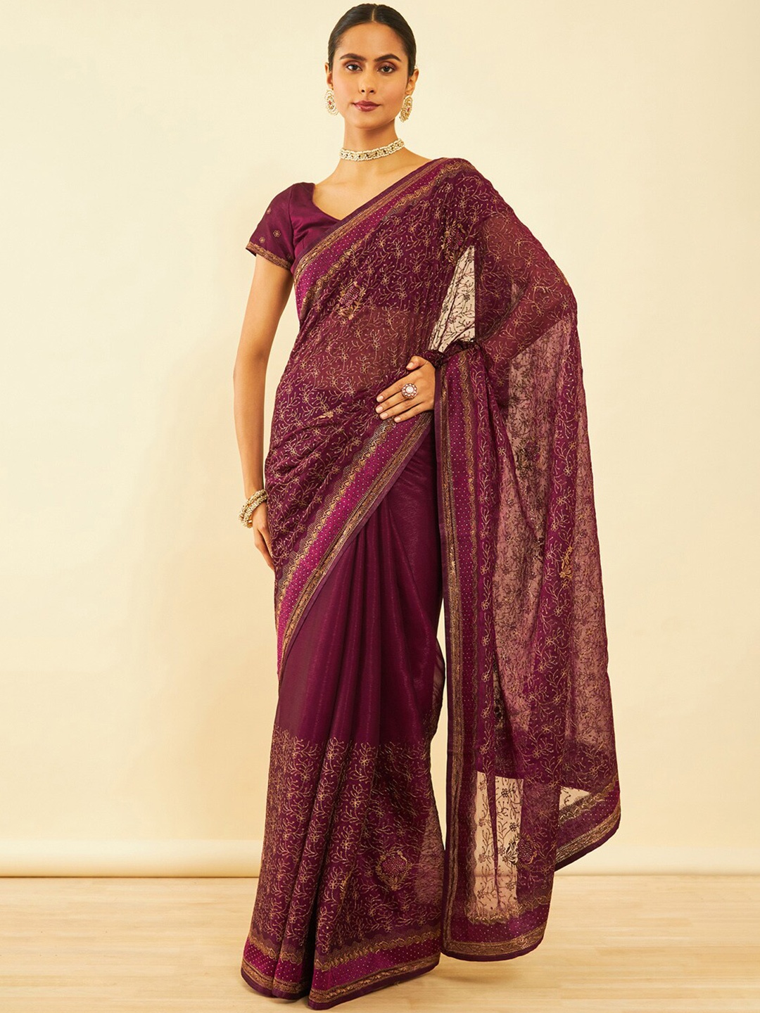 

Soch Floral Embroidered Zari Saree, Maroon