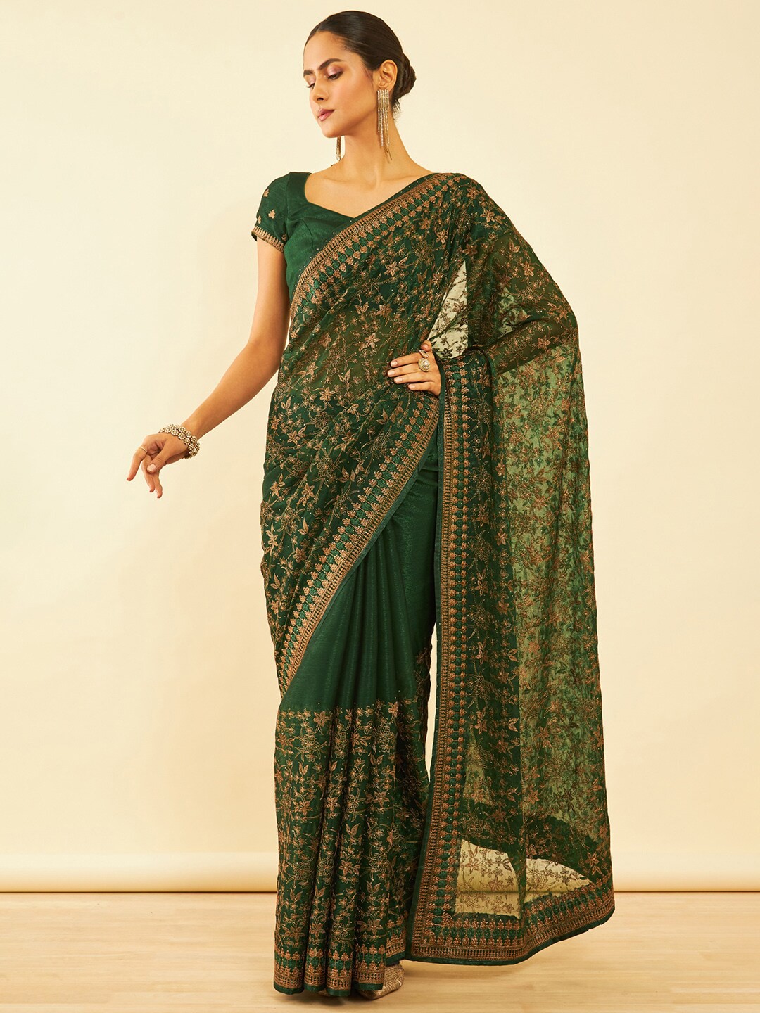 

Soch Floral Embroidered Zari Pure Chiffon Saree, Green