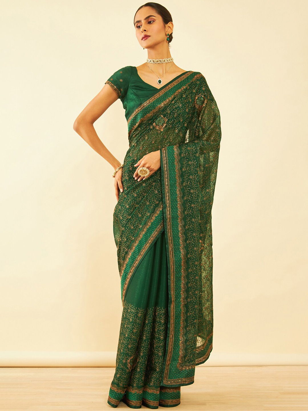 

Soch Floral Embroidered Zari Pure Chiffon Saree, Green
