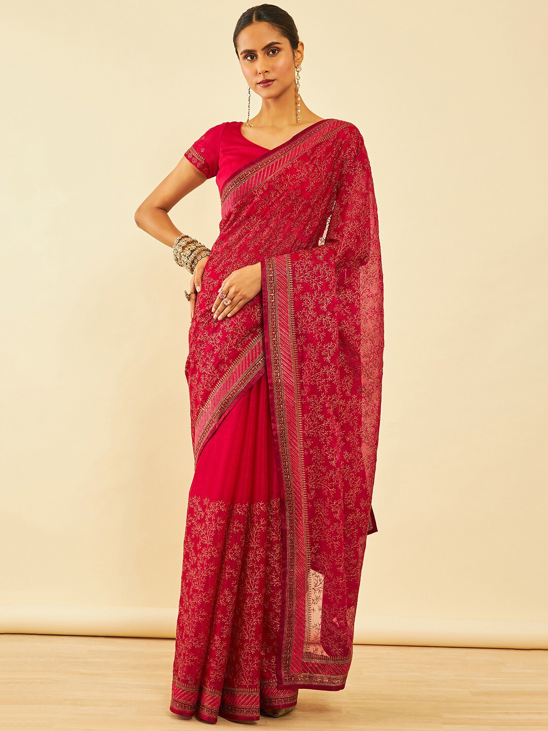 

Soch Floral Embroidered Zari Pure Chiffon Saree, Pink