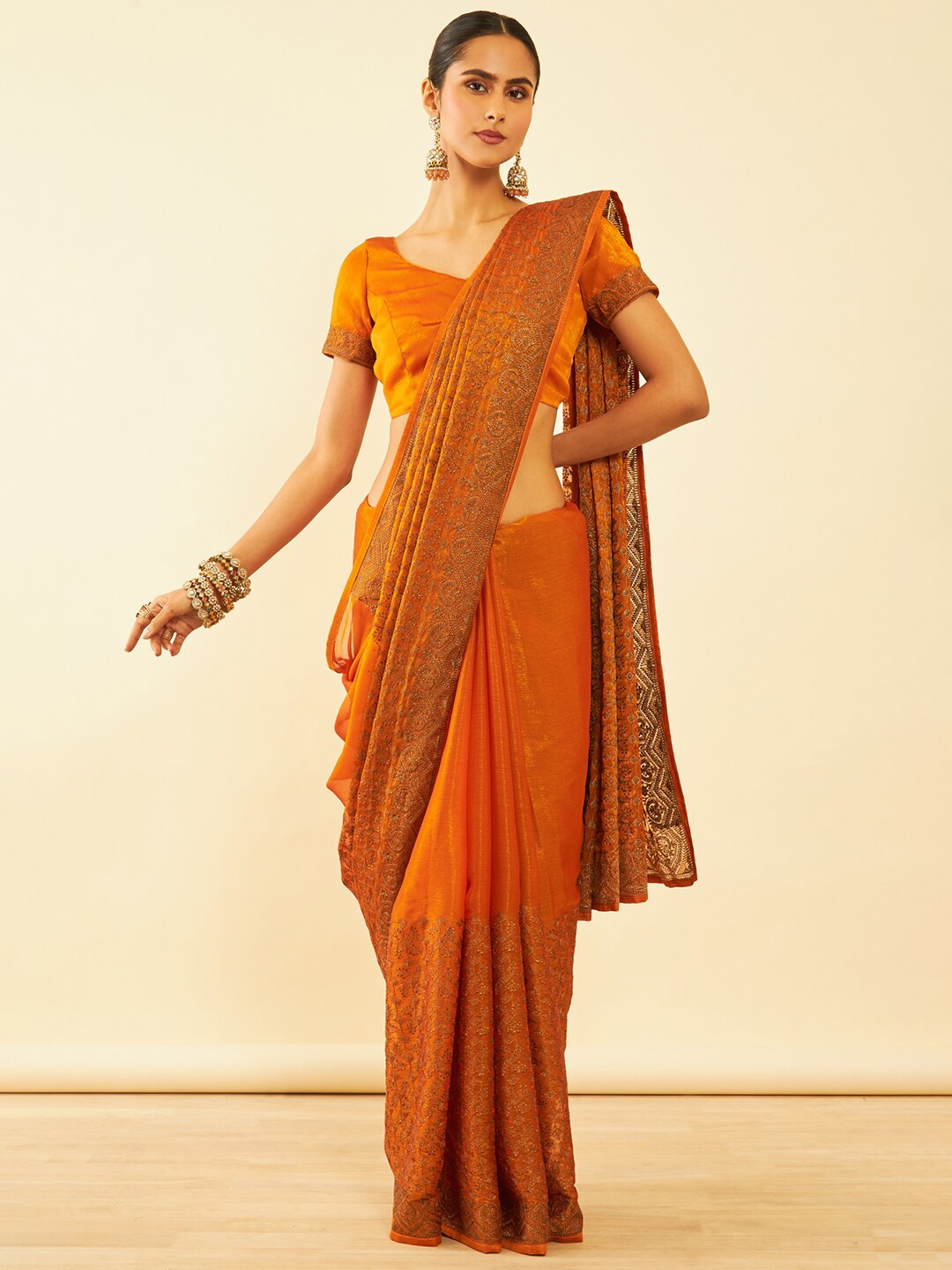 

Soch Floral Embroidered Zari Saree, Mustard