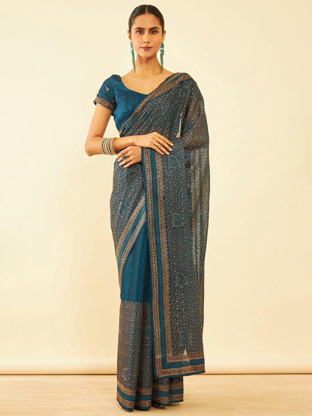 

Soch Floral Embroidered Zari Pure Chiffon Saree, Blue