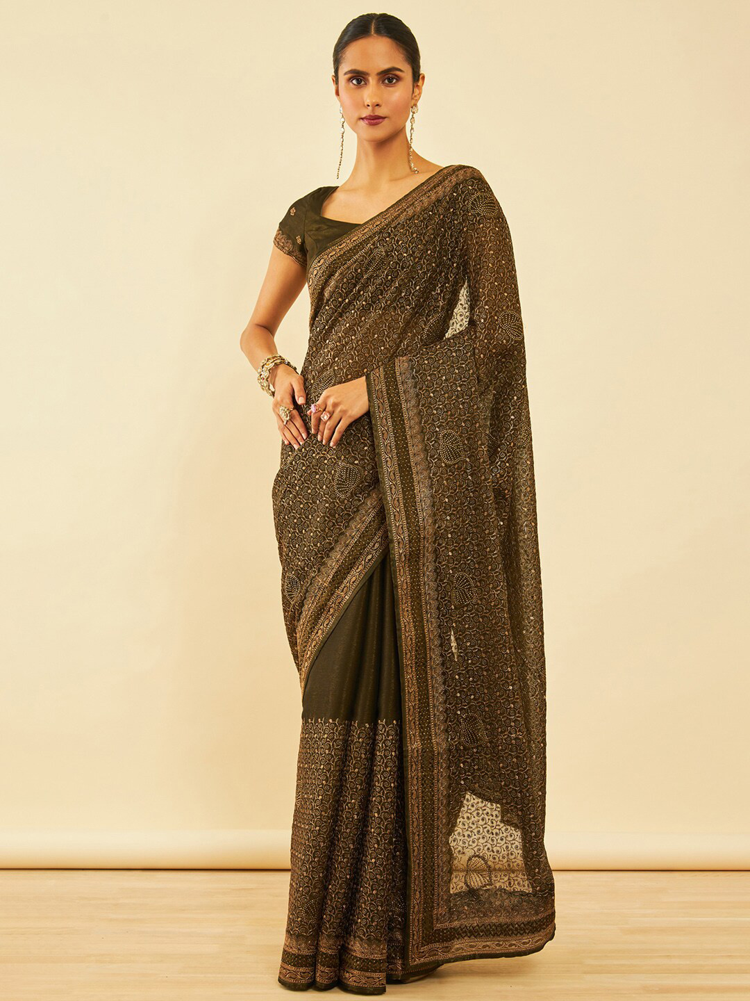 

Soch Floral Embroidered Zari Saree, Olive