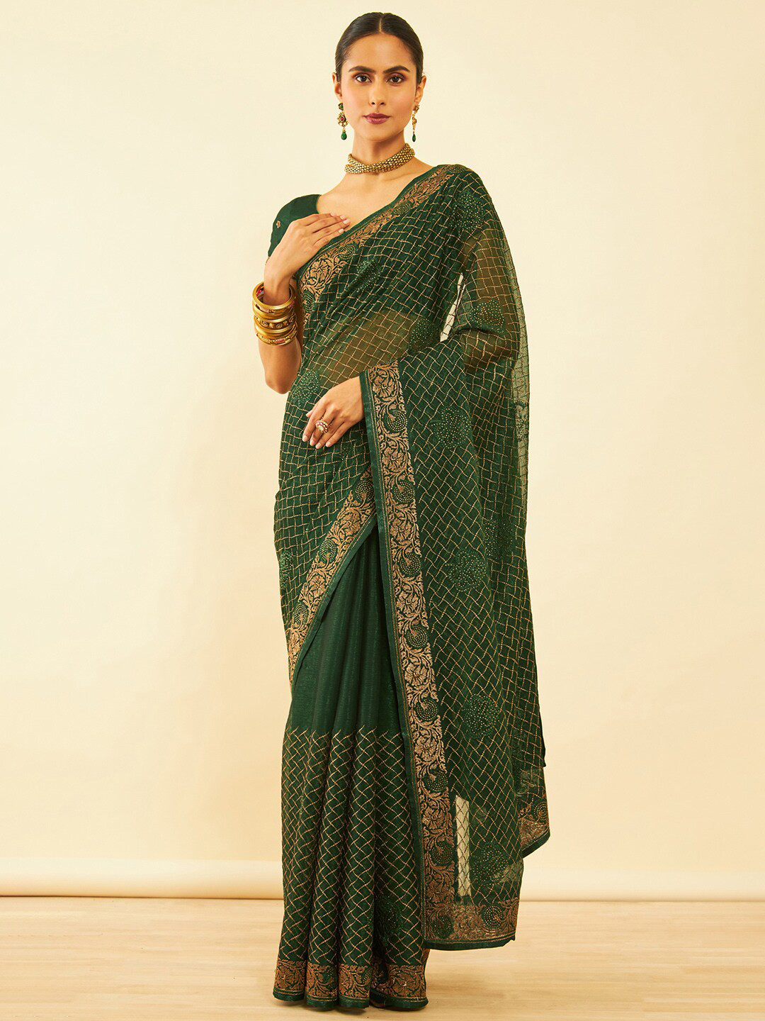 

Soch Geometric Embroidered Zari Pure Chiffon Saree, Green
