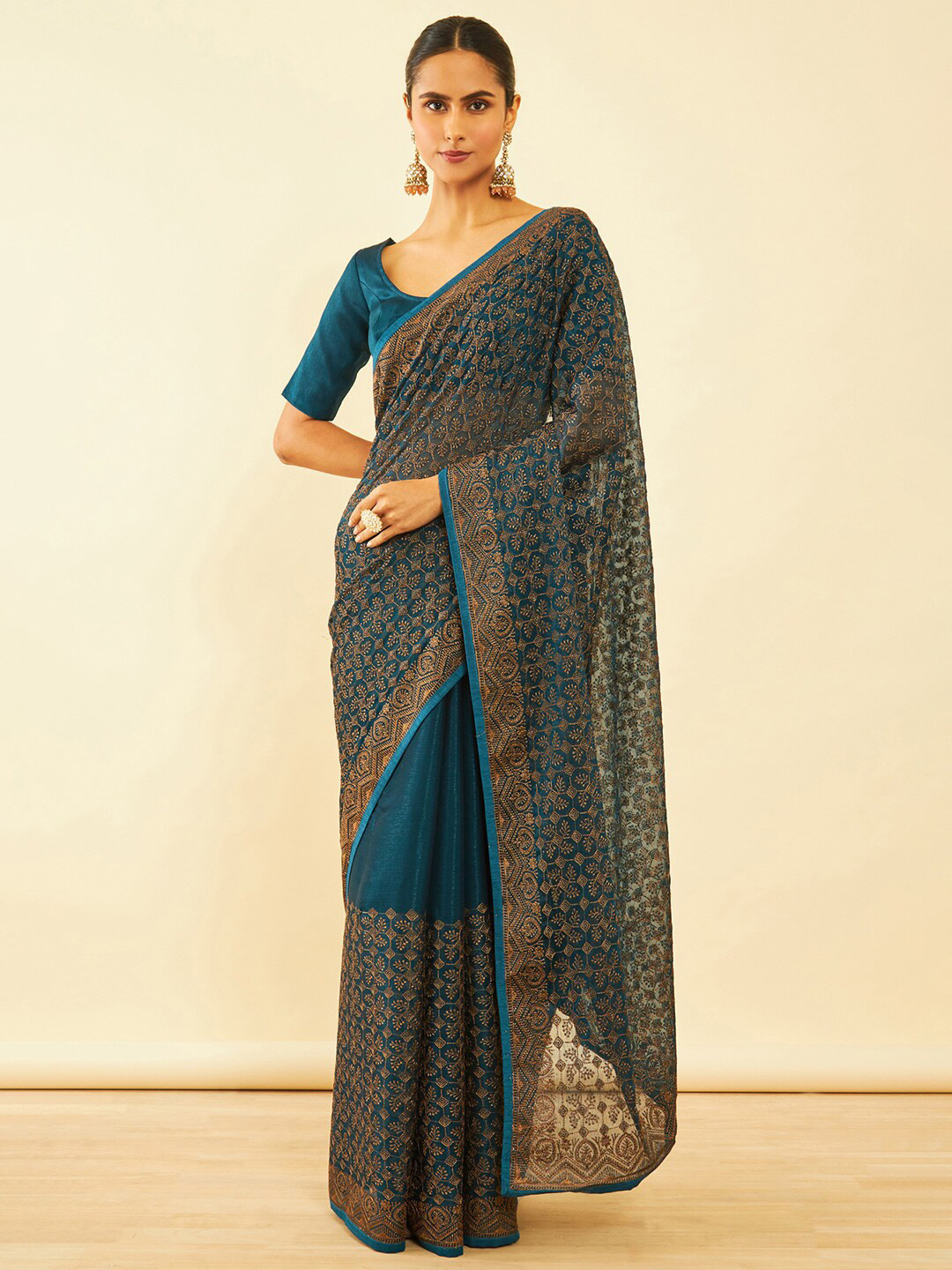 

Soch Floral Embroidered Zari Saree, Blue