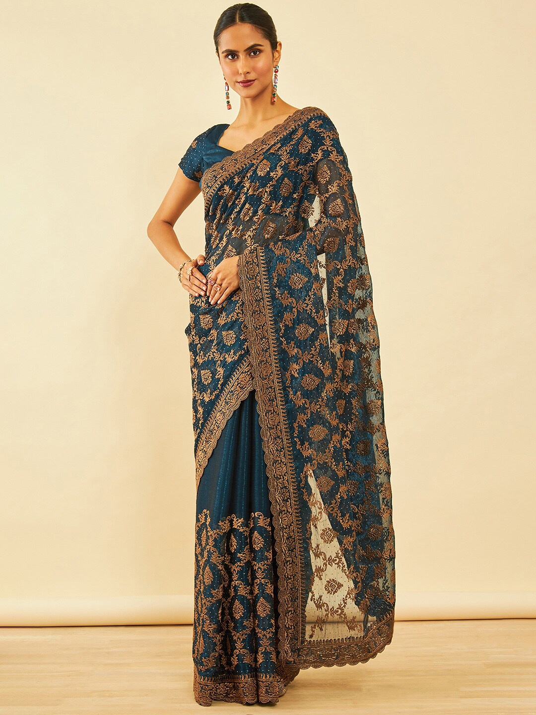 

Soch Floral Embroidered Zari Saree, Blue