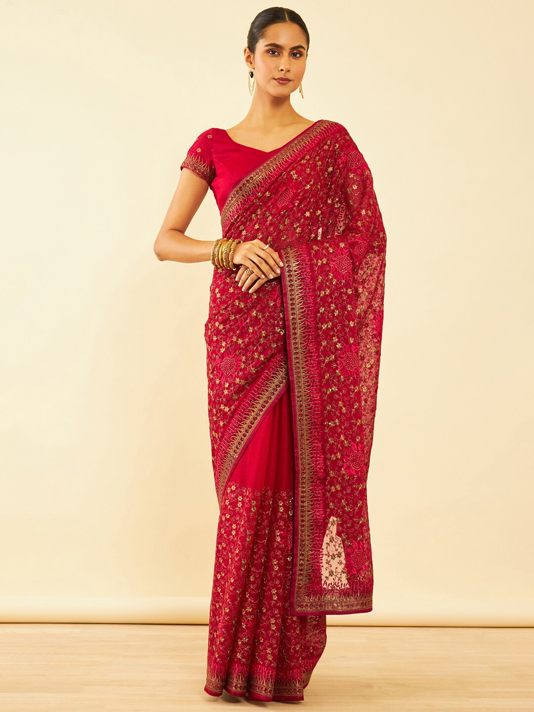 

Soch Floral Embroidered Zari Pure Chiffon Saree, Fuchsia