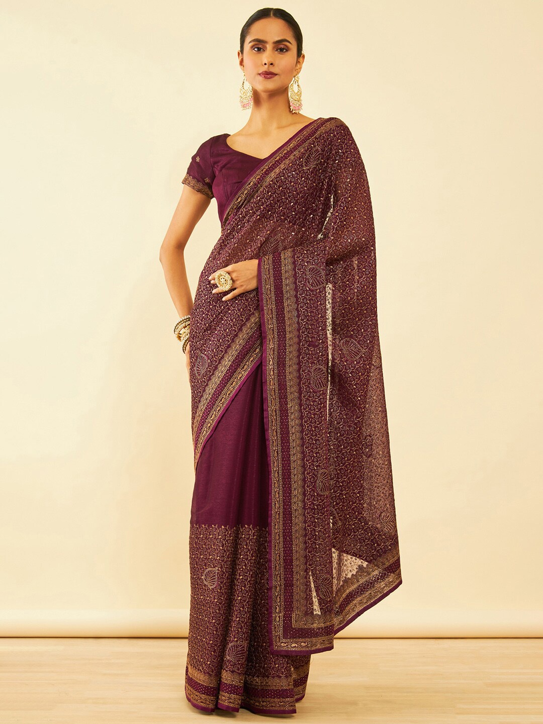 

Soch Ethnic Motifs Embroidered Zari Pure Chiffon Saree, Maroon
