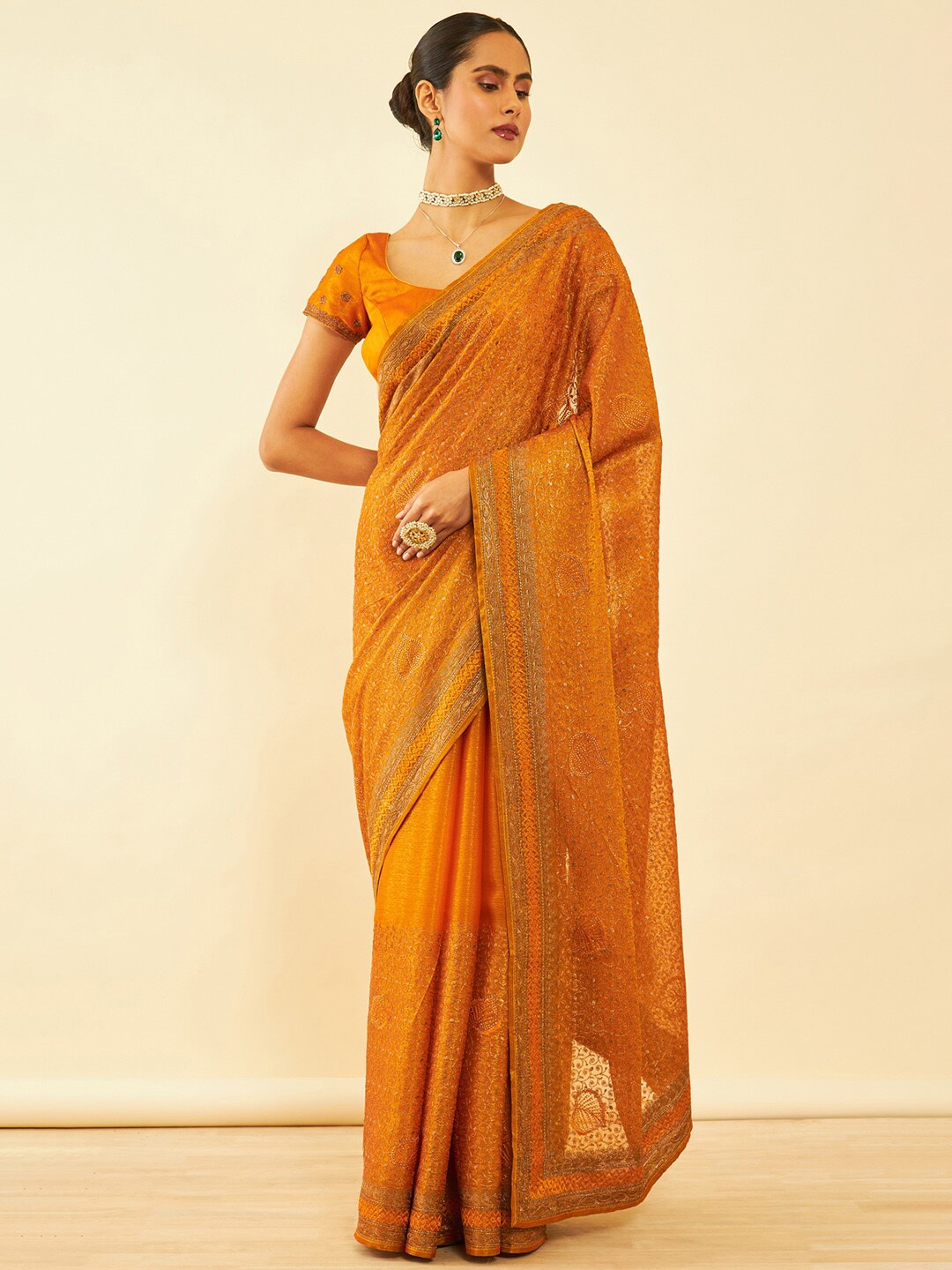 

Soch Floral Embroidered Zari Pure Chiffon Saree, Mustard