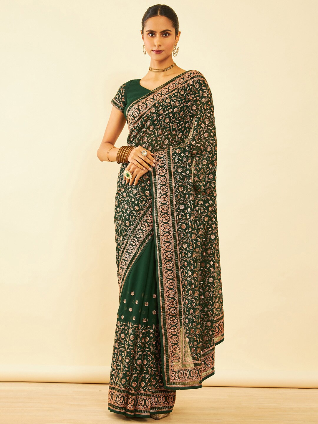 

Soch Floral Embroidered Zari Saree, Green