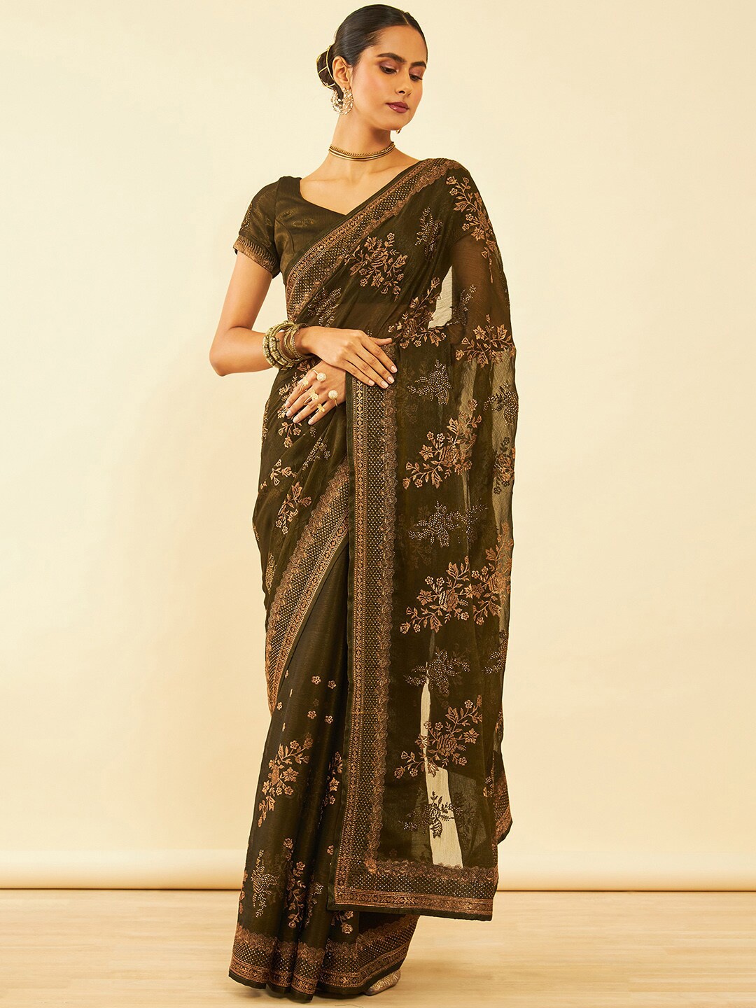 

Soch Floral Embroidered Zari Pure Chiffon Saree, Olive