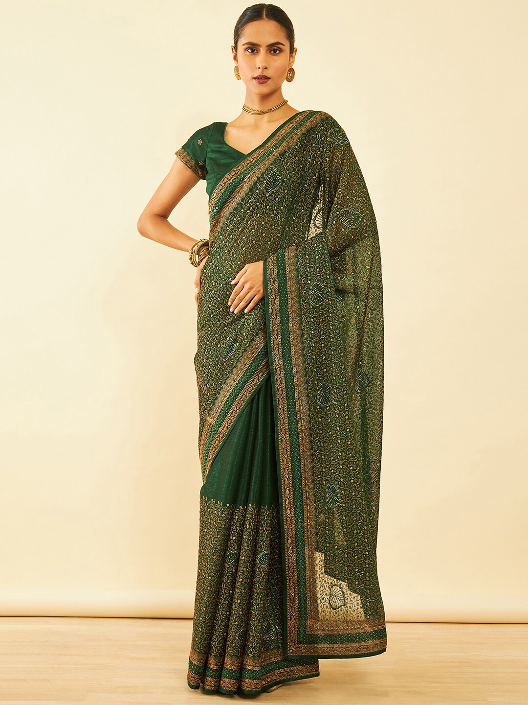 

Soch Ethnic Motifs Embroidered Zari Pure Chiffon Saree, Green