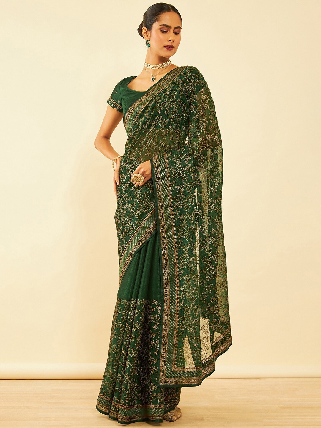

Soch Floral Embroidered Zari Pure Chiffon Saree, Green
