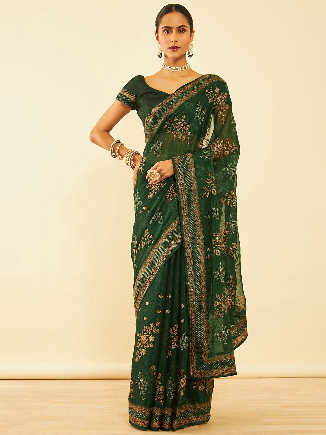 

Soch Floral Embroidered Zari Pure Chiffon Saree, Green