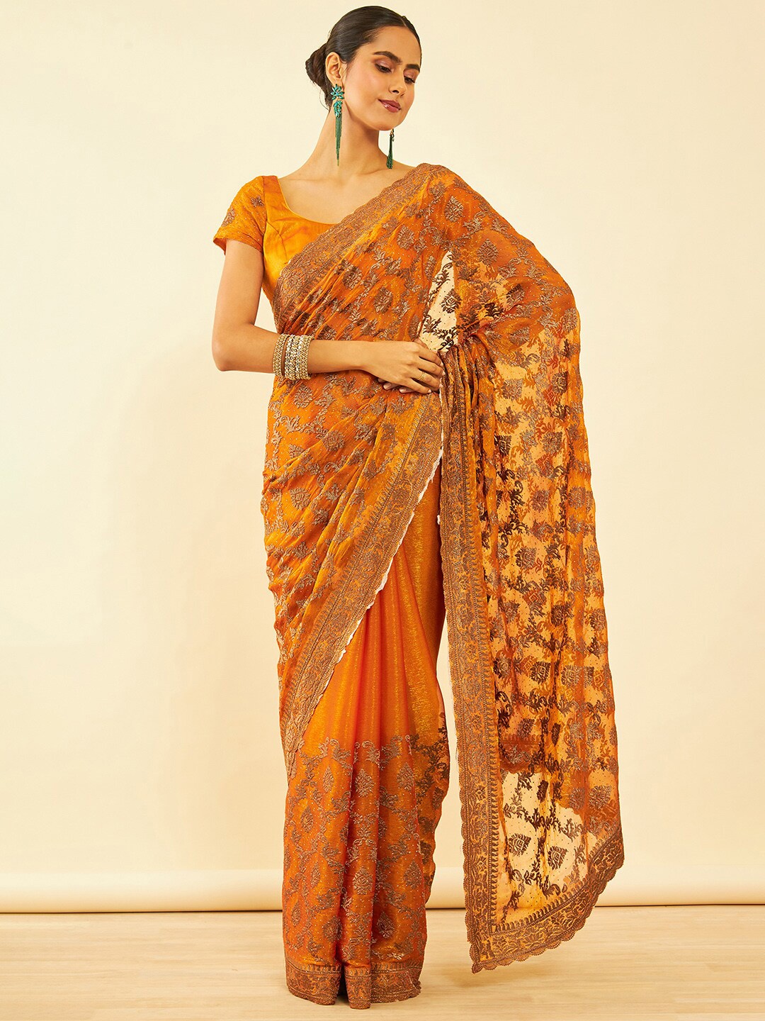 

Soch Floral Embroidered Zari Saree, Mustard