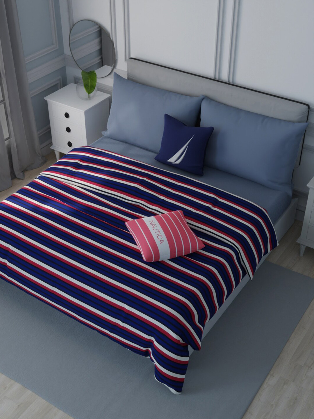 

Nautica Millbrook Navy Blue & White Striped Cotton AC Room 120 GSM Double Bed Dohar