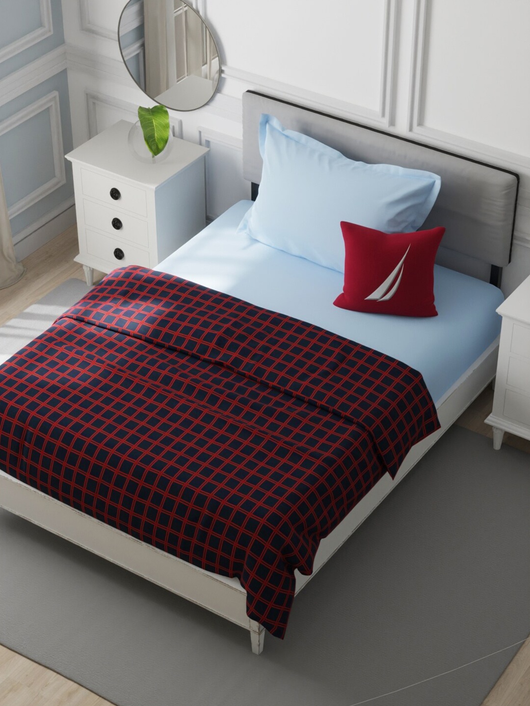 

Nautica Millbrook Navy Blue & Red Checked Cotton AC Room 120 GSM Single Bed Dohar