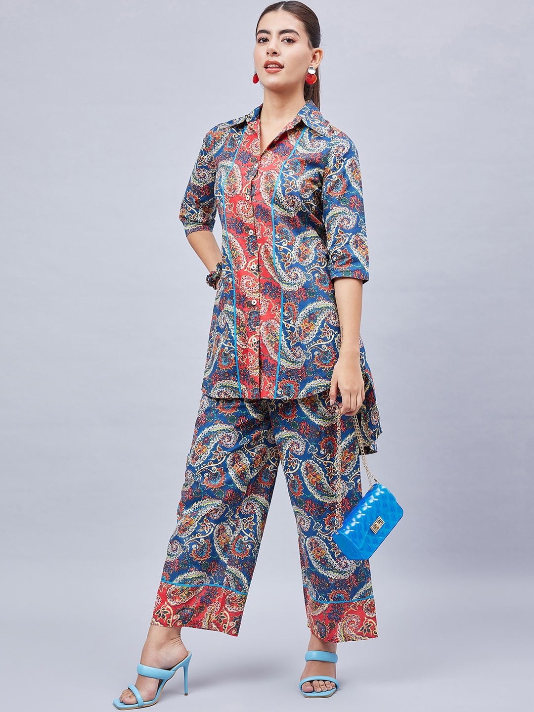 

WineRed Printed Pure Cotton Tunic With Trousers, Blue