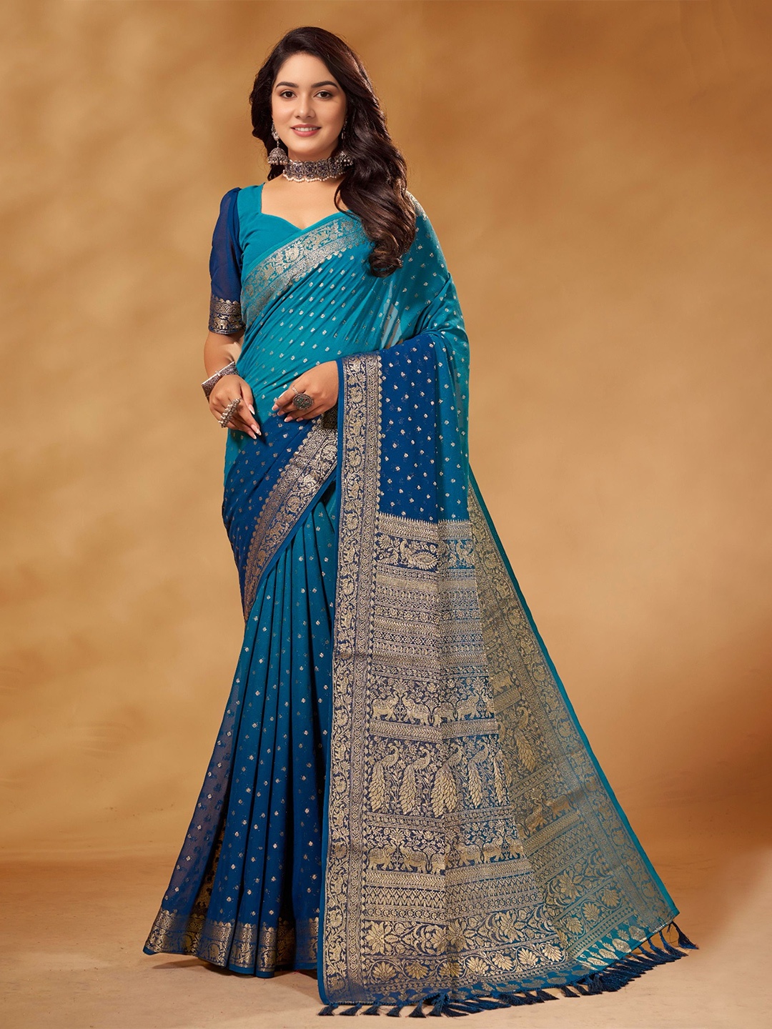 

DIVASTRI Ethnic Motifs Woven Design Zari Pure Georgette Banarasi Saree, Blue