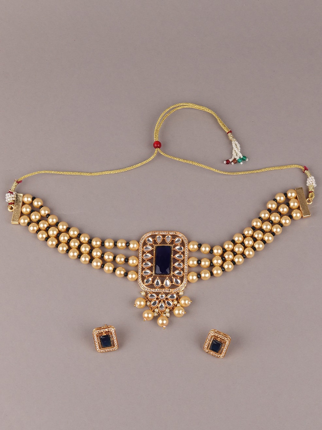 

ODETTE Gold-Plated Kundan-Studded & Beaded Jewellery Set