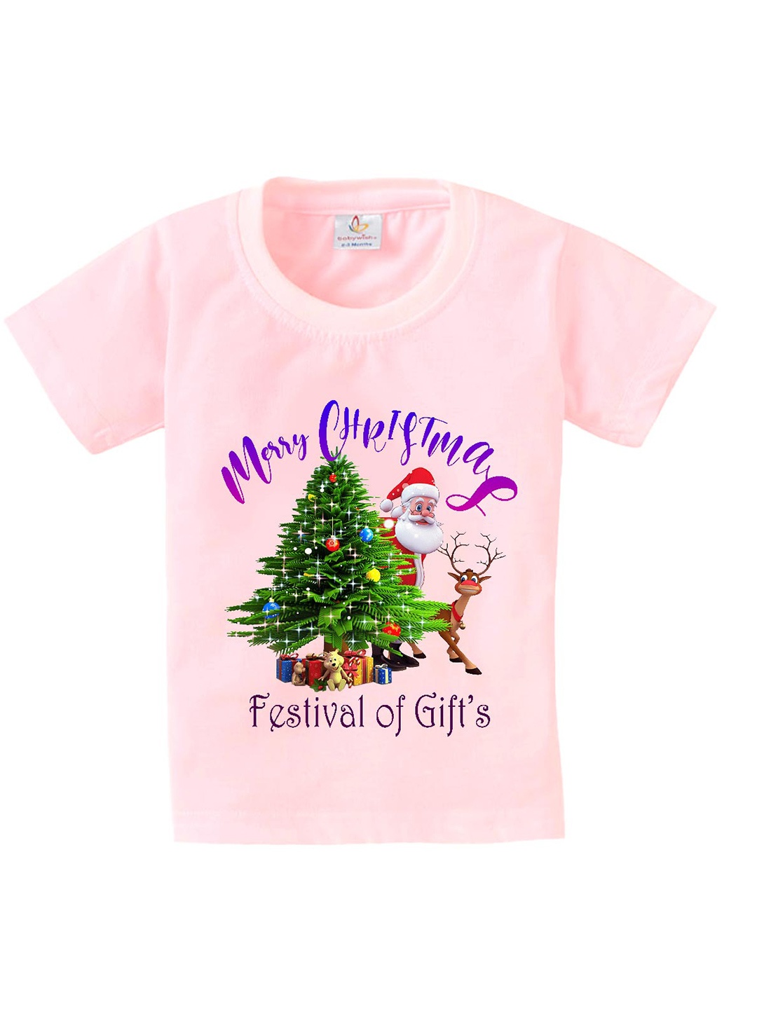 

Babywish Kids Christmas Printed Short Sleeves Relaxed Fit Cotton T-shirt, Pink