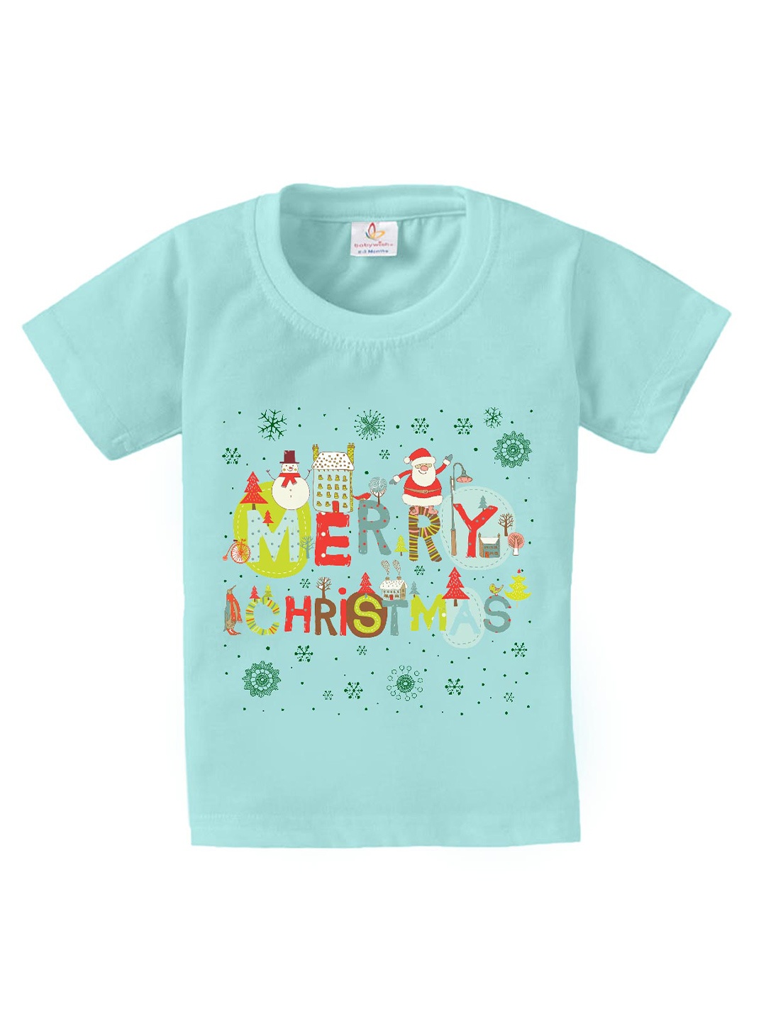 

Babywish Kids Merry Christmas Printed Short Sleeves Relaxed Fit Cotton T-shirt, Sea green