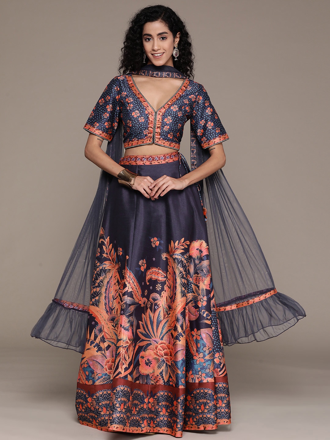 

aarke Ritu Kumar Printed Ready to Wear Lehenga & Blouse With Dupatta, Navy blue