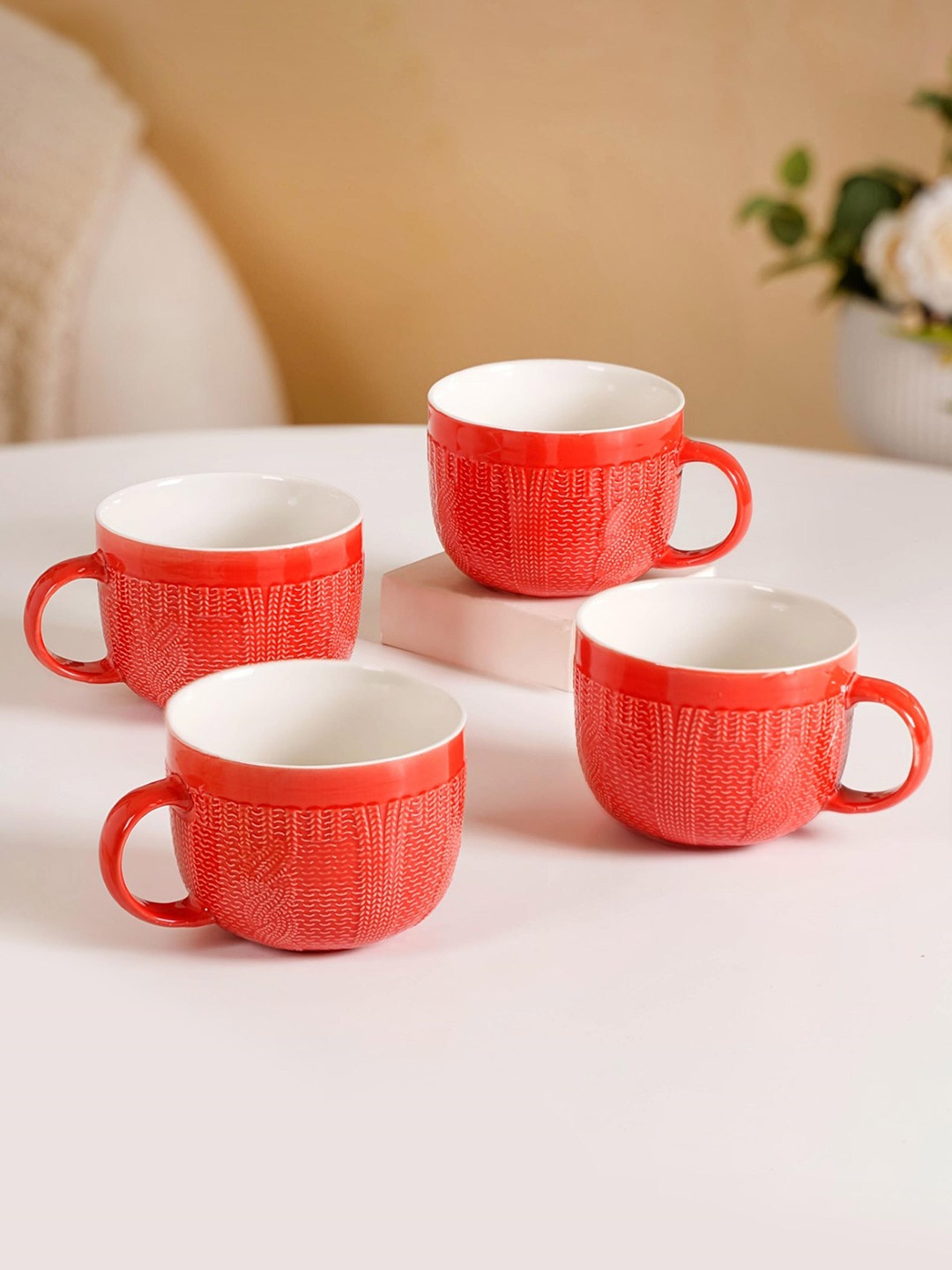 

Nestasia Red & White Hand Painted Textured Ceramic Glossy Cups and Mugs 490 ML