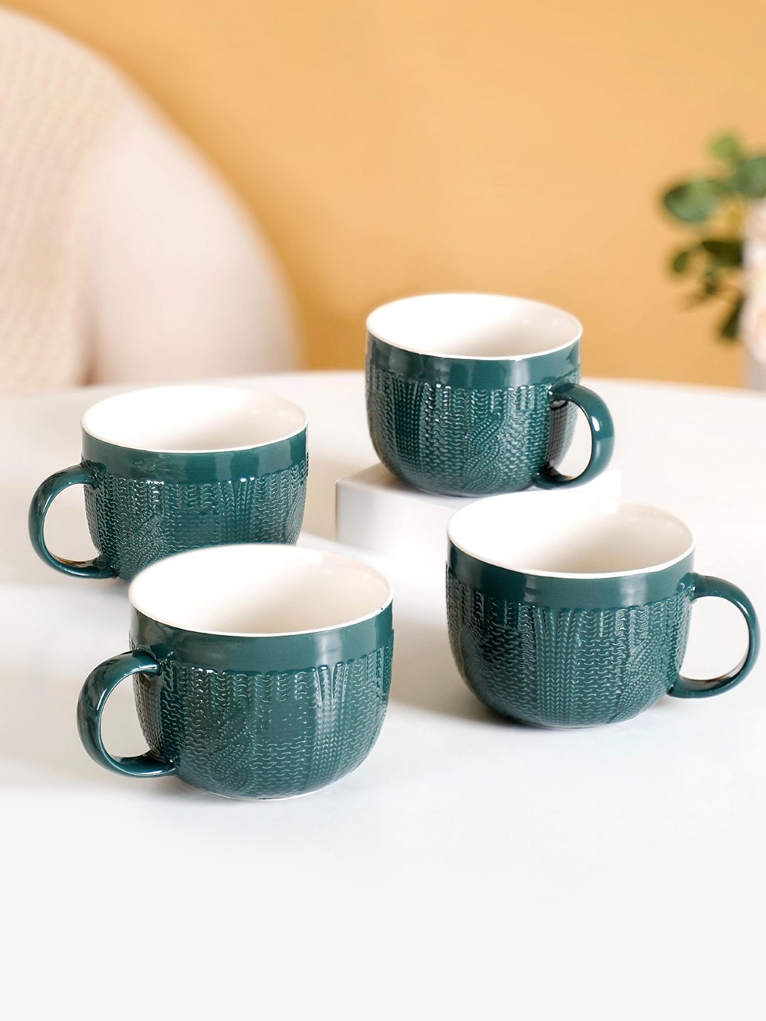 

Nestasia Green & White Hand Painted Textured Ceramic Glossy Cups and Mugs 490 ML