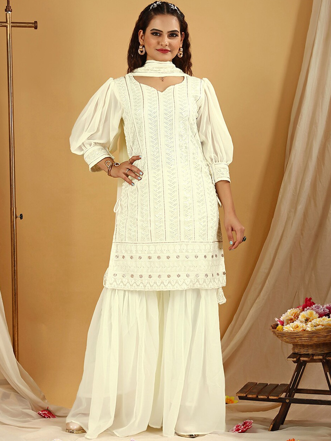 

KALINI Geometric Embroidered Sequinned Chikankari Top With Sharara & Dupatta, Cream